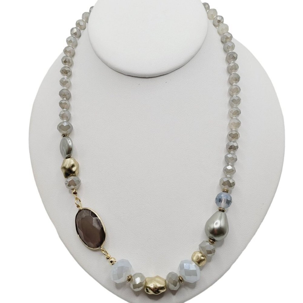 Assymetric Faceted Glass Crystal Beaded Necklace Gray Gold 19" Electroplated VGC